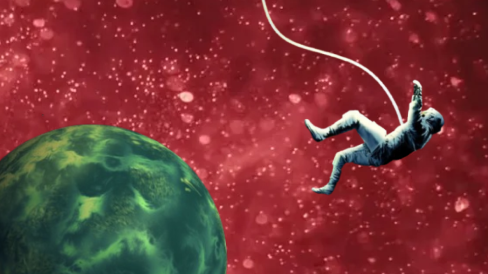 Illustration: An astronaut floats freely in space, passing major settings from the movie.