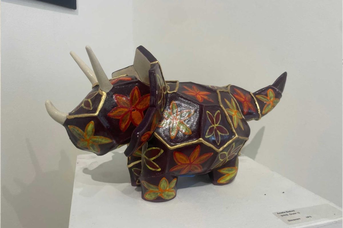 Senior AP student Amelia Badura's ceramics piece resembling a triceratops is displayed at the Art of WSSD showcase on March 22nd, 2026. Badura spent over a year creating this piece in her ceramics classes at Haven, where her inspiration for the piece was built on her love of a granny square pattern that she turned into a ceramics creation.