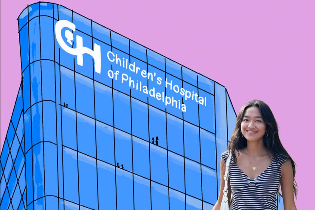 The Children's Hospital of Philadelphia, where senior Daksha Nair has worked and researched for nearly a year, rises high over the city.