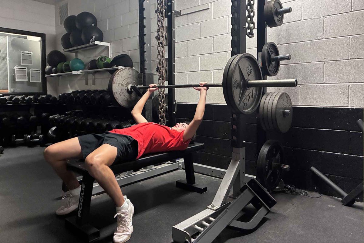 A Haven student bench presses in the weight room, working on strength and fitness. The student was using the equipment as part of a workout routine, reflecting how students can take advantage of the space.