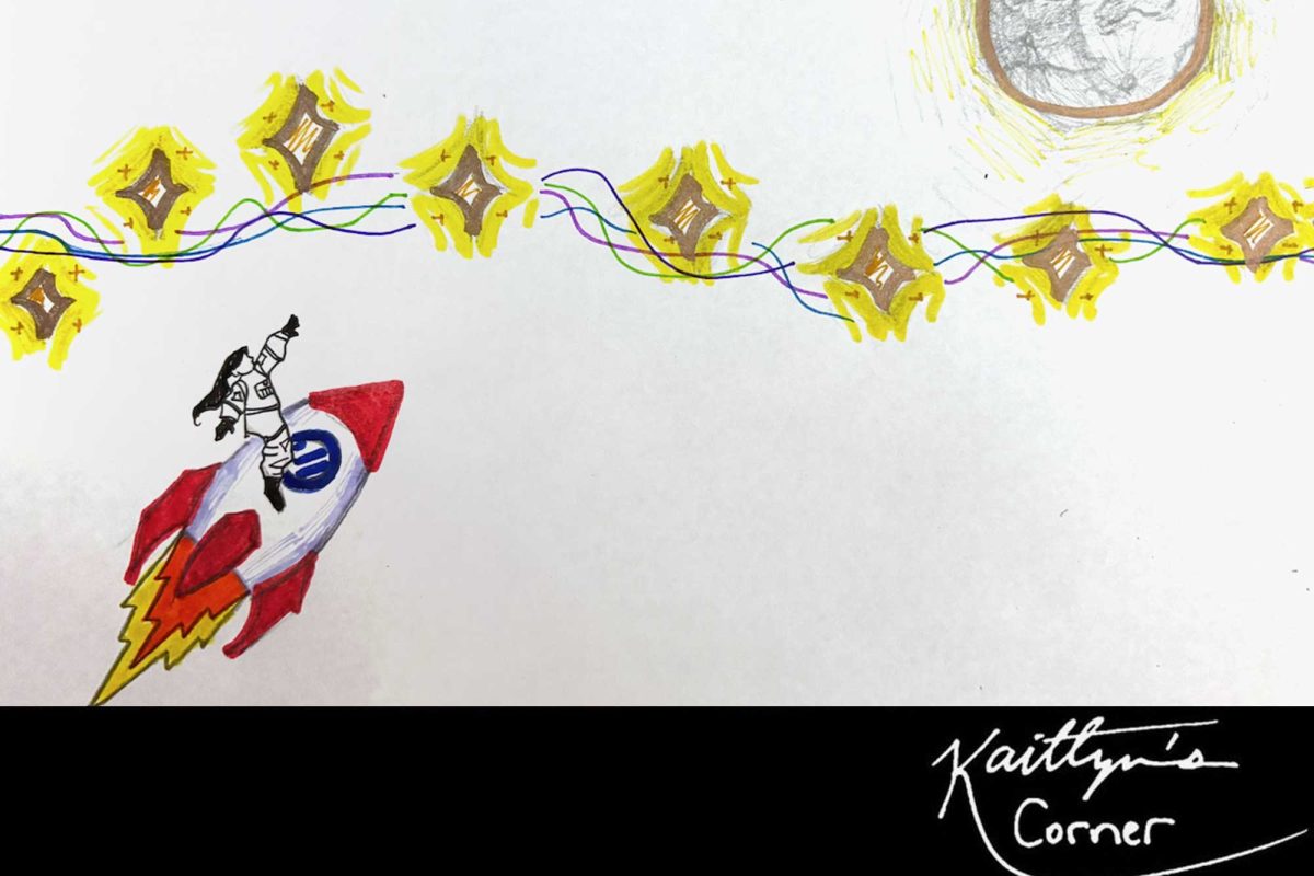 ILLUSTRATION: An astronaut reaches above for the stars and the moon, propelled by a rocket.
